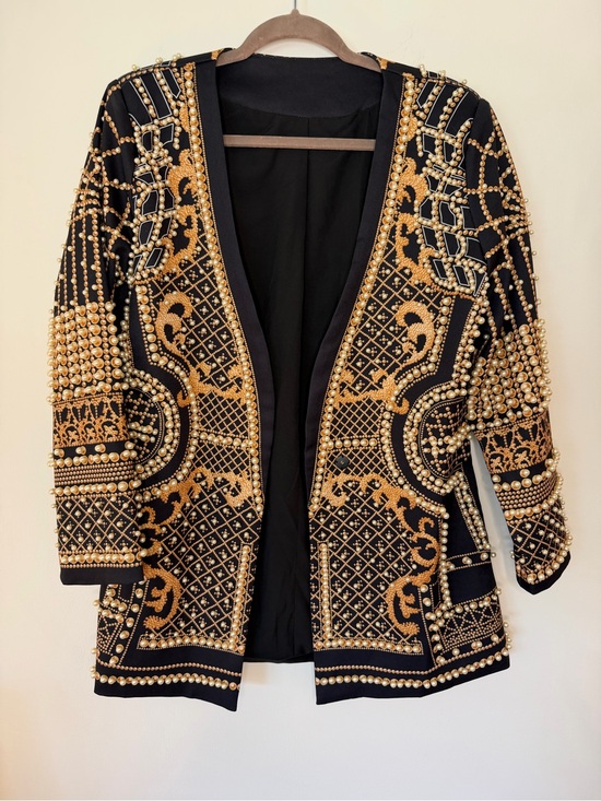 Jackets & Blazers - Black and Gold Embellished Open-Front Sweater Jacket woman size Large beaded